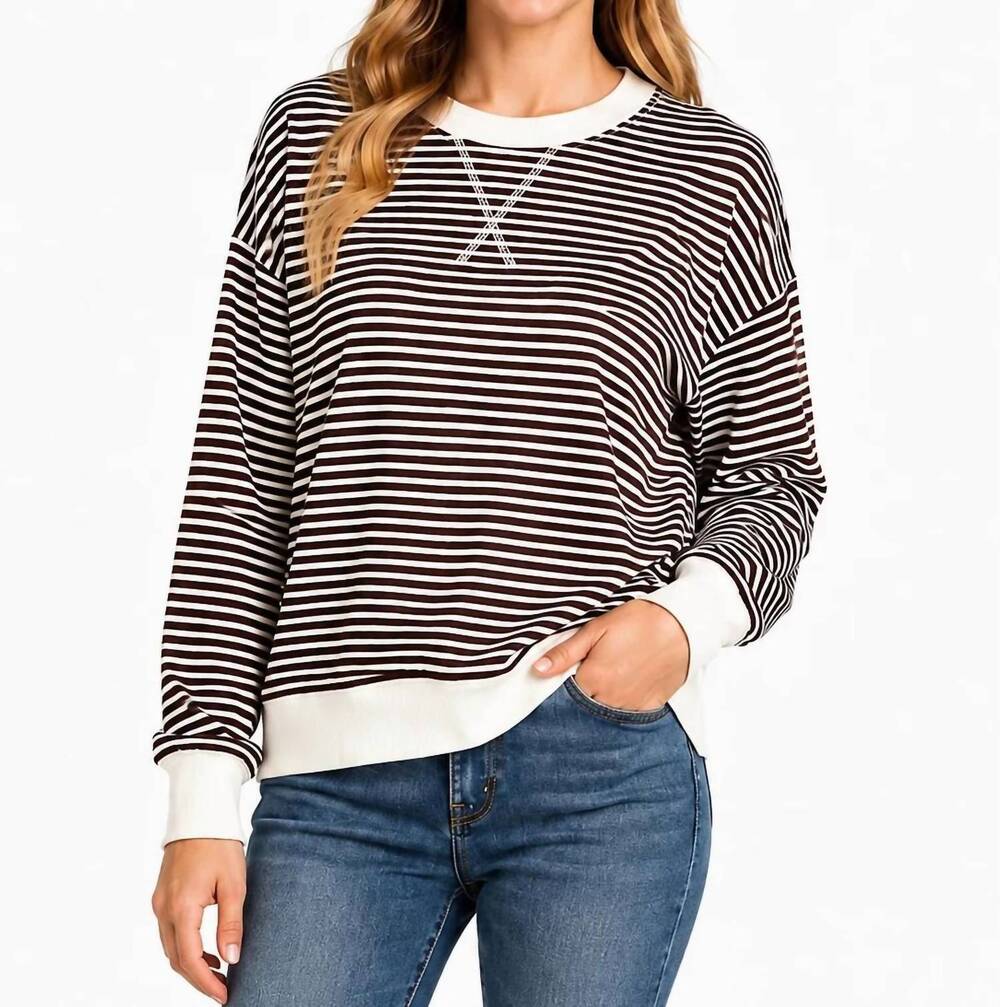 NEW ZENANA striped rib banded pullover in chocolate